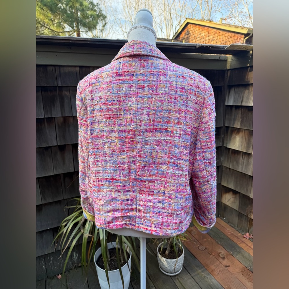 Escada tweed blazer jacket pastels silk floral lining Sz 44 L pinks yellows - Picture 11 of 13